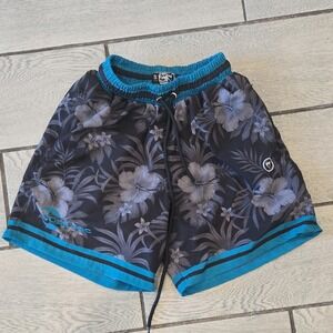 Impact‎ Palm Mens Hibiscus Floral Swim Trunks Teal Black Small Board Shorts